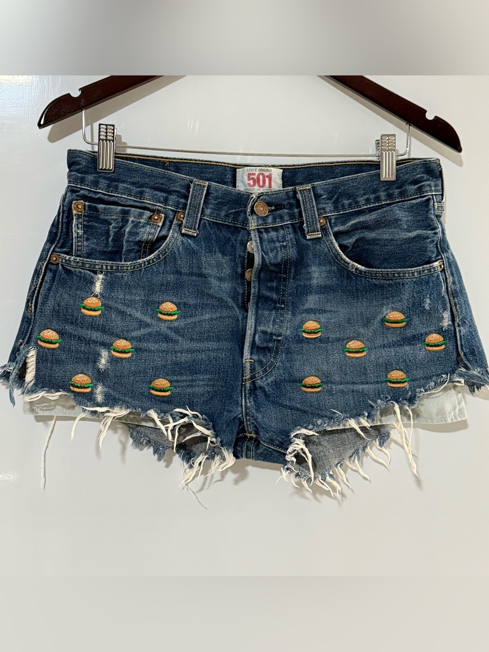 Levi's 501 Original Blue Denim Cutoff Shorts with Embroidered Burger Detail W31